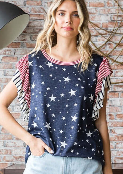 Double Ruffle Flutter Sleeve Patriotic Top