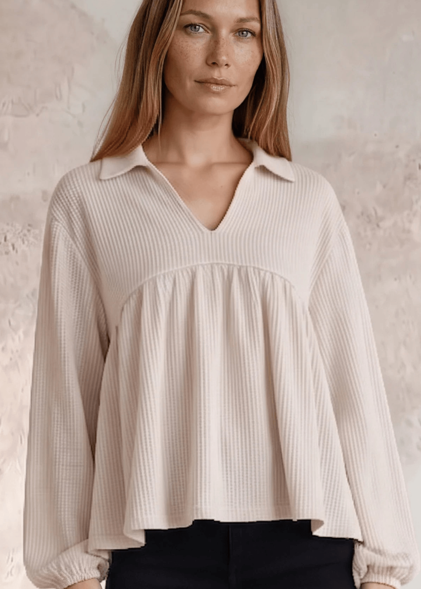 Any Time Soft Textured Bubble Sleeve Top CLEARANCE FINAL SALE in Cream