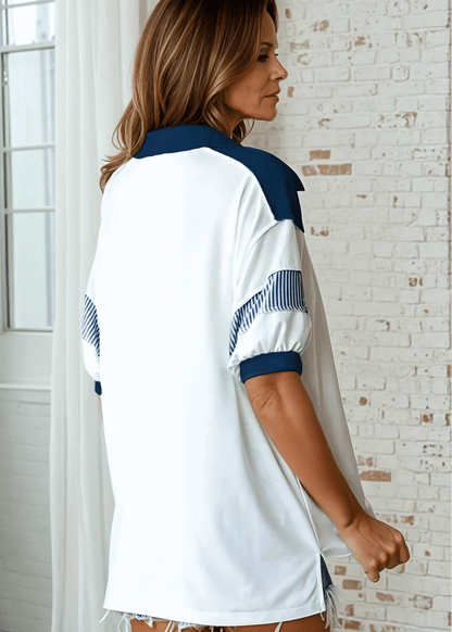 Hallie Oversized Collared Navy/White Top