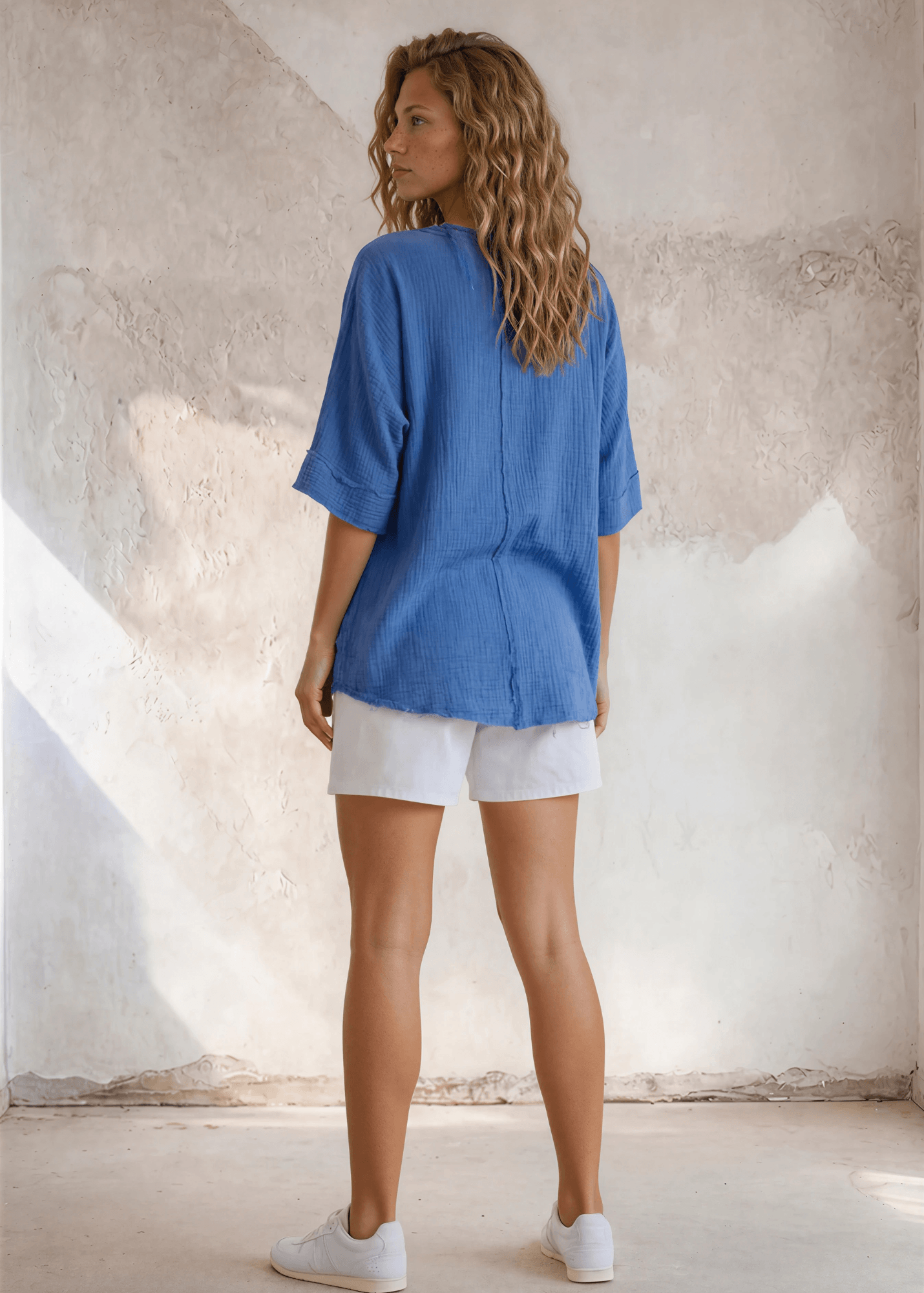 Ryleigh Double Gauze V-Neck Top (Denim Blue)