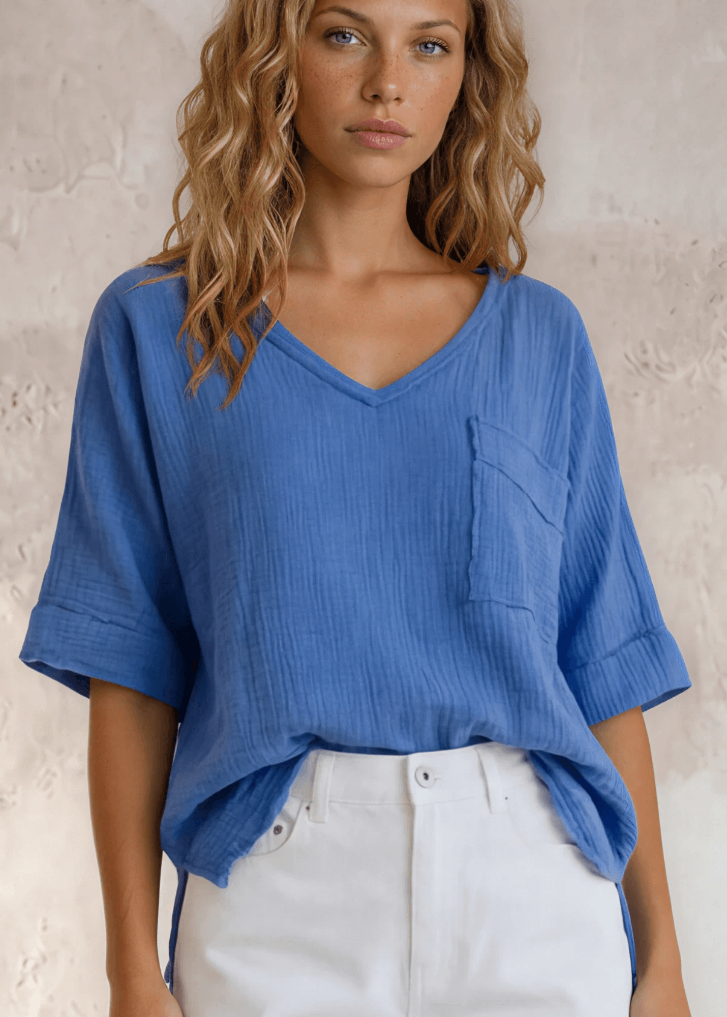 Ryleigh Double Gauze V-Neck Top (Denim Blue)