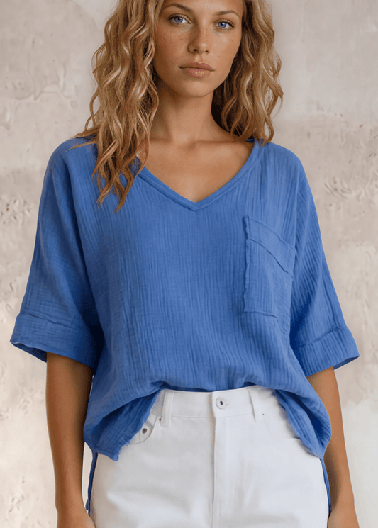 Ryleigh Double Gauze V-Neck Top (Denim Blue)