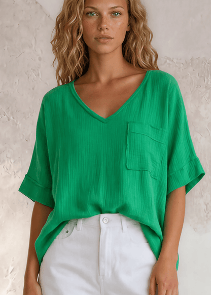 Ryleigh Double Gauze V-Neck Top (Kelly Green)