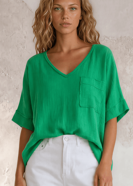Ryleigh Double Gauze V-Neck Top (Kelly Green)