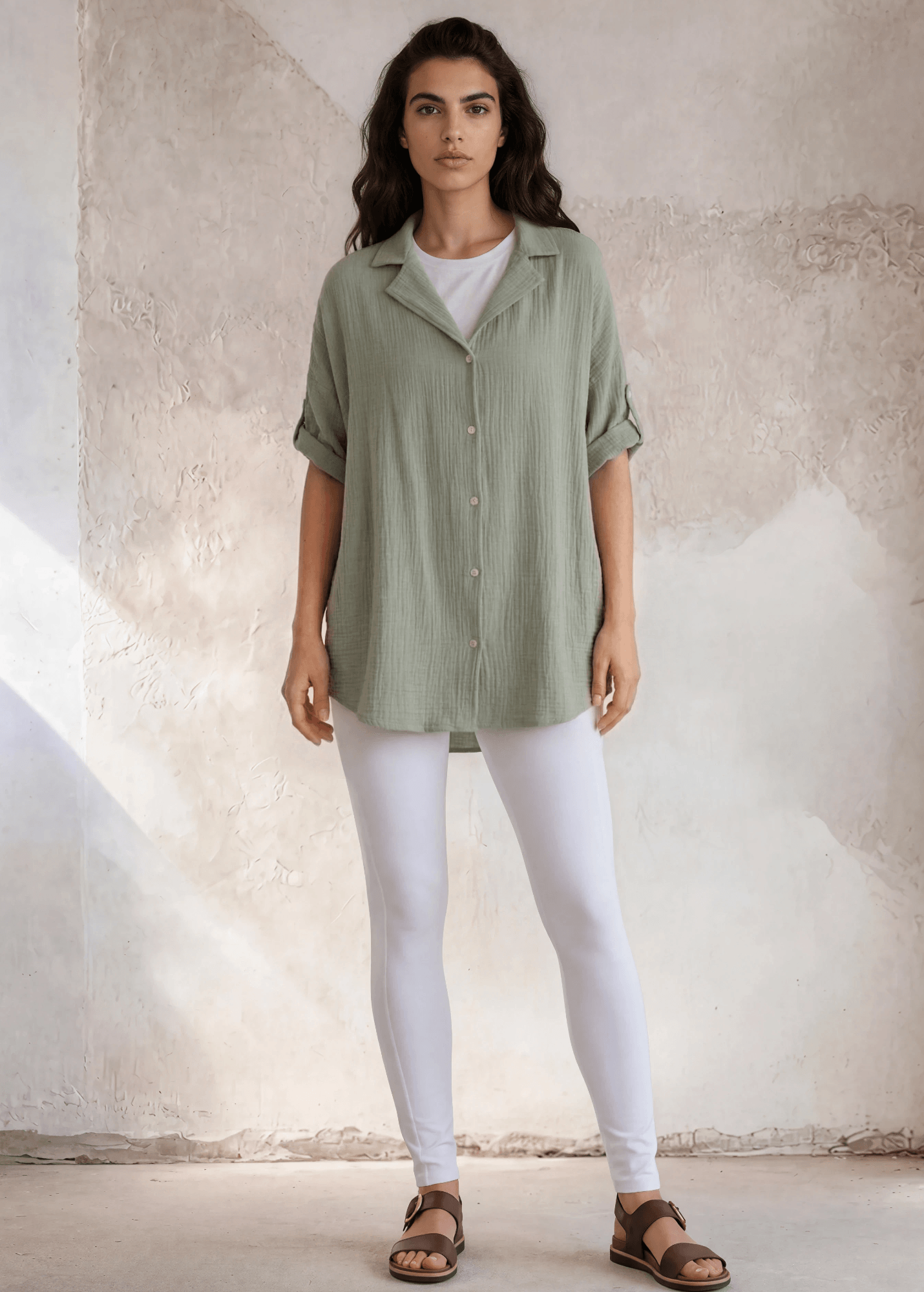 Rachel Slouchy Cotton Gauze Button Down Top (Olive)
