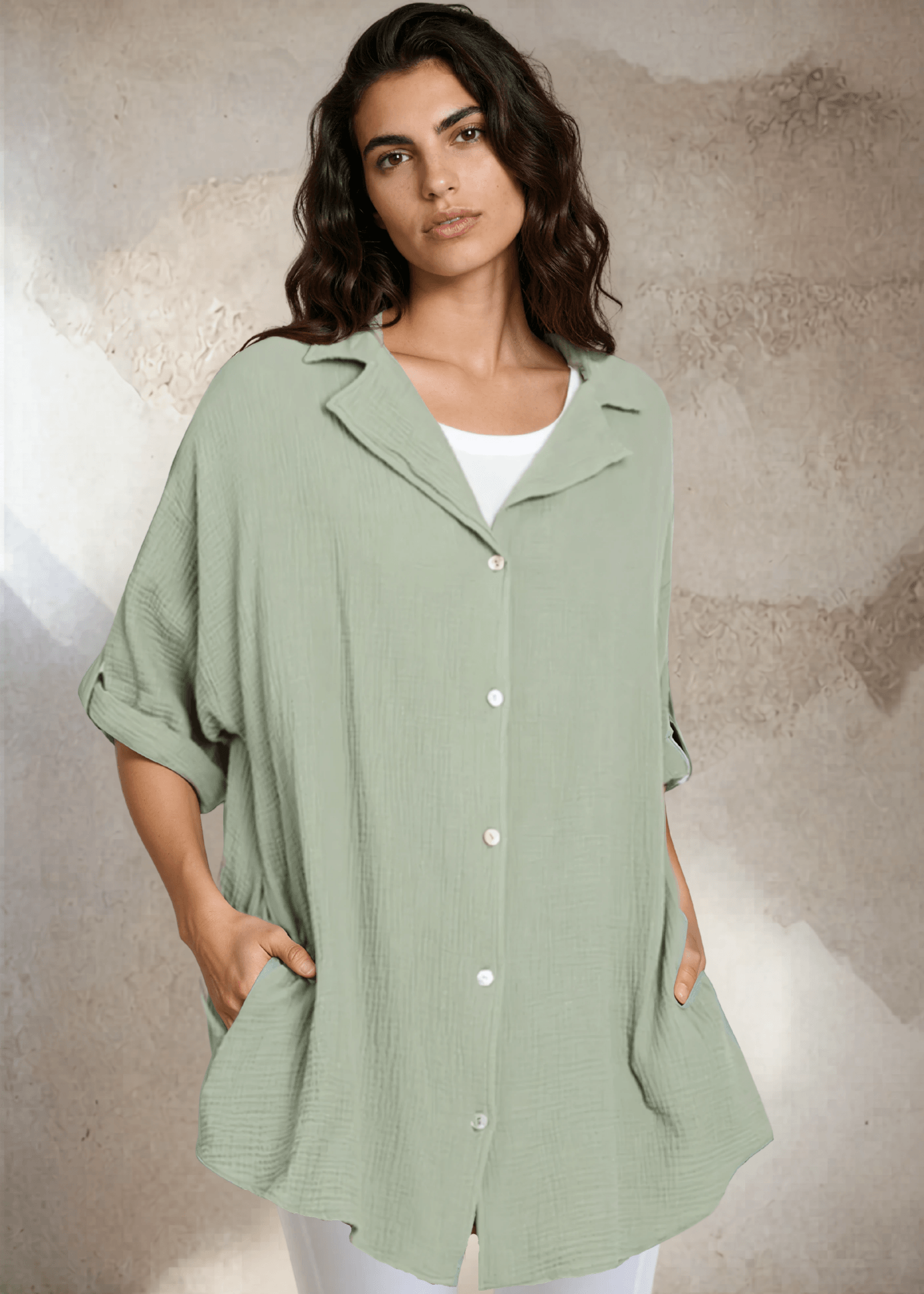 Rachel Slouchy Cotton Gauze Button Down Top (Olive)