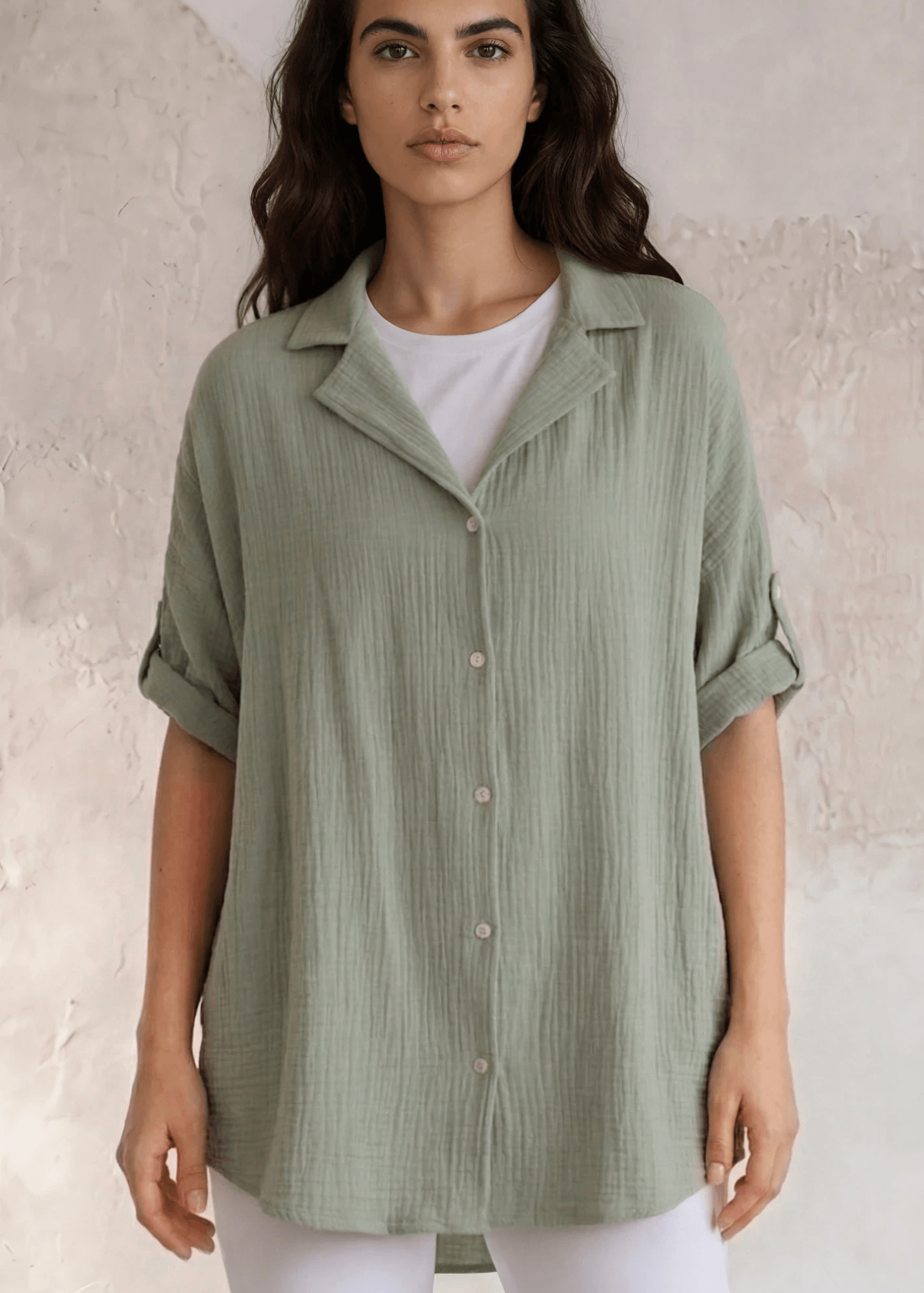Rachel Slouchy Cotton Gauze Button Down Top (Olive)