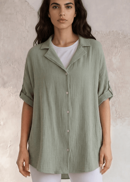 Rachel Slouchy Cotton Gauze Button Down Top (Olive)