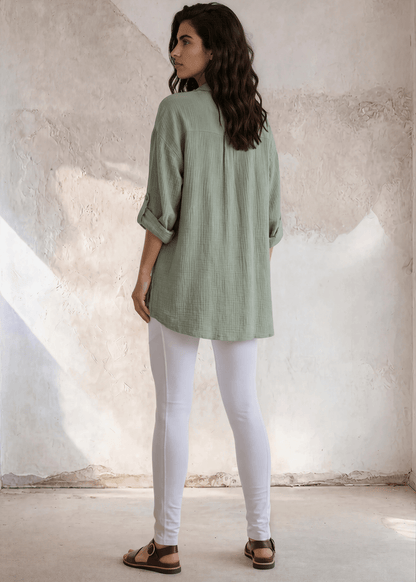 Rachel Slouchy Cotton Gauze Button Down Top (Olive)