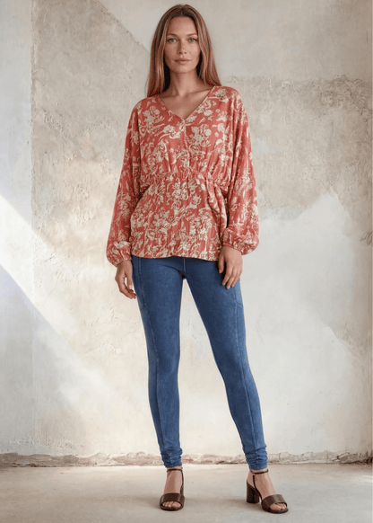 Rose V-Neck Floral Print Peasant Blouse
