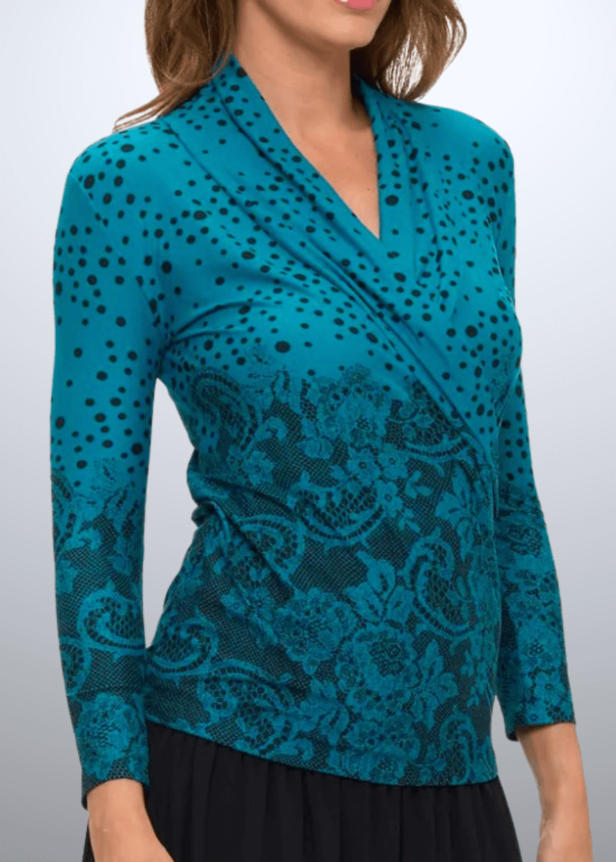 Meredith Teal Printed Surplice Wrap Top