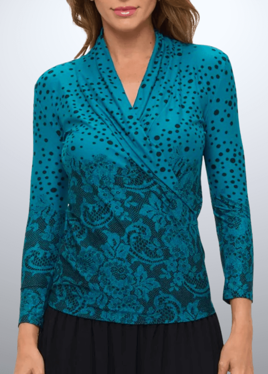 Meredith Teal Printed Surplice Wrap Top
