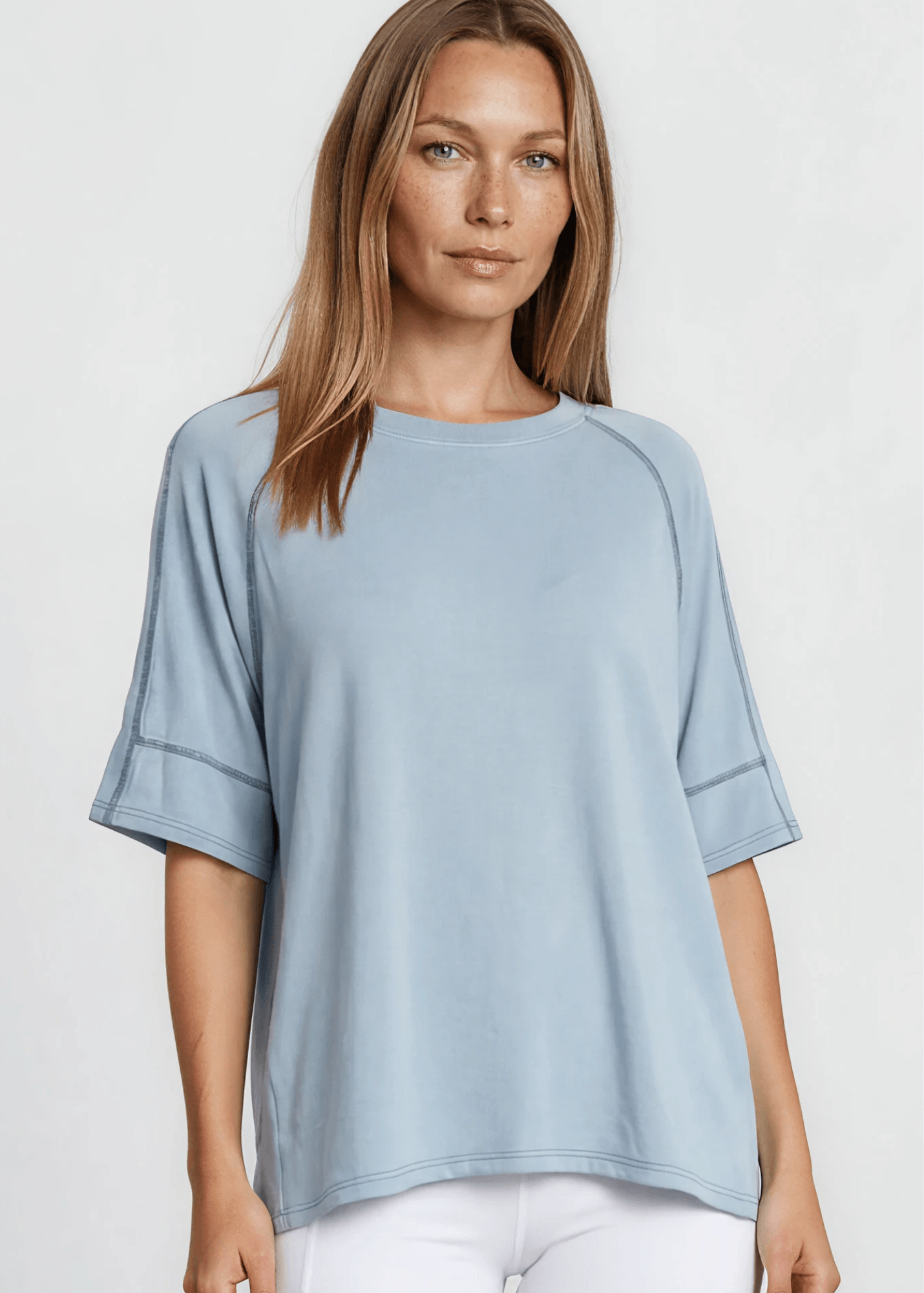 Evelyn Exposed Stitch Tee in Denim Blue