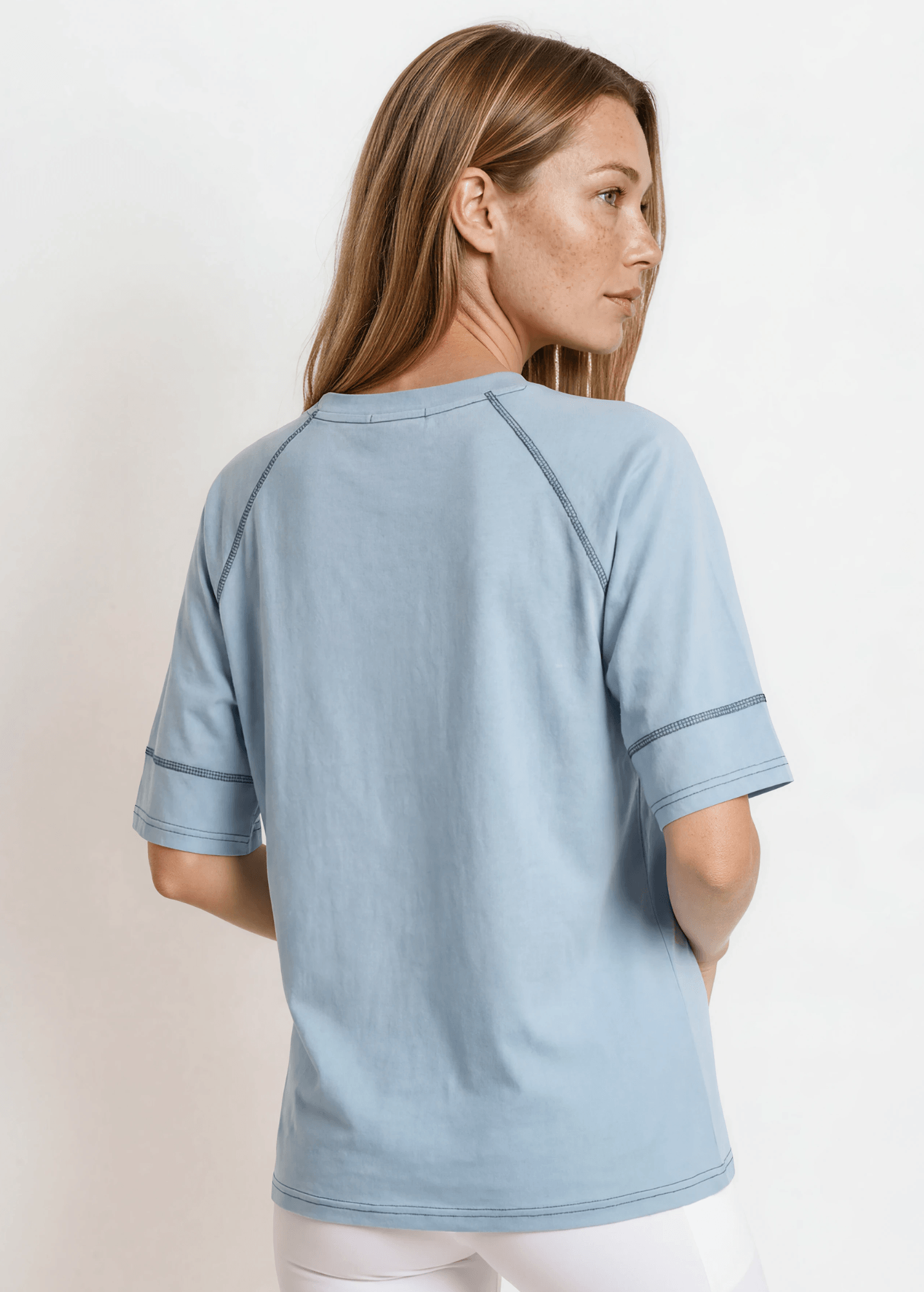 Evelyn Exposed Stitch Tee in Denim Blue