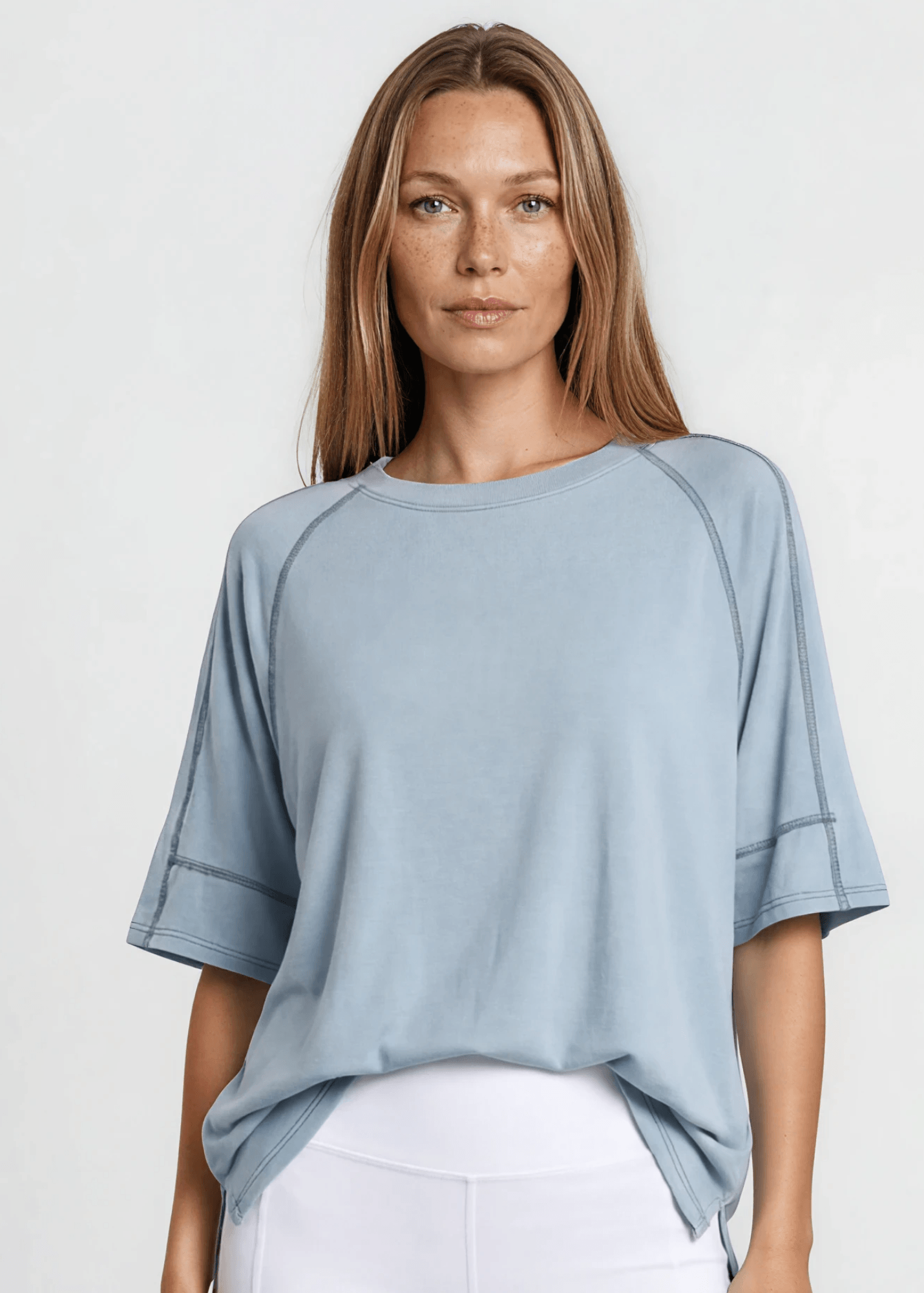 Evelyn Exposed Stitch Tee in Denim Blue