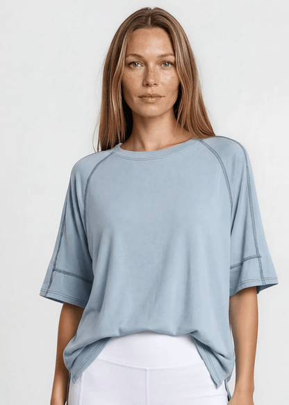 Evelyn Exposed Stitch Tee in Denim Blue