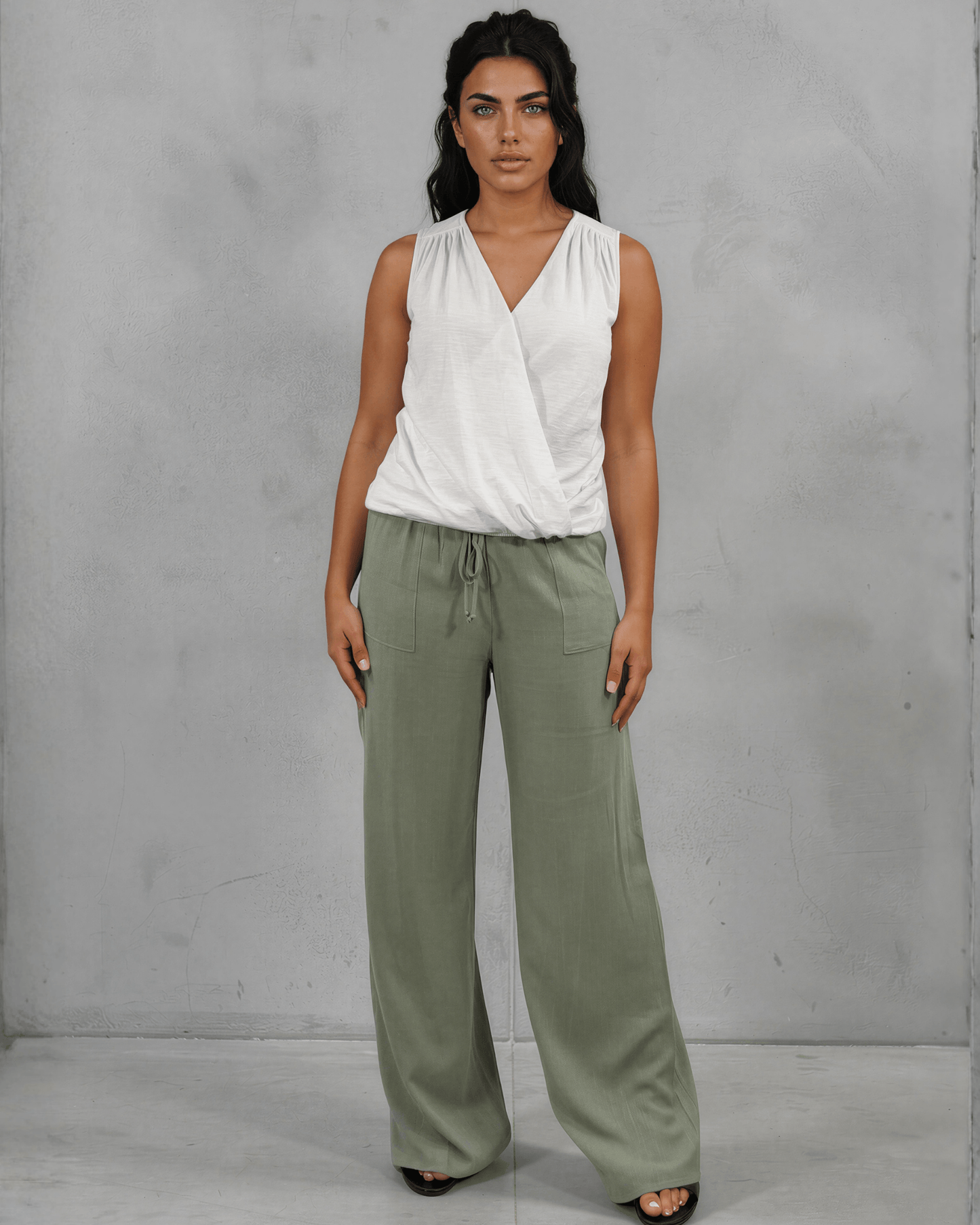 Annie Drawstring Rayon Linen Pants with Pockets - Olive