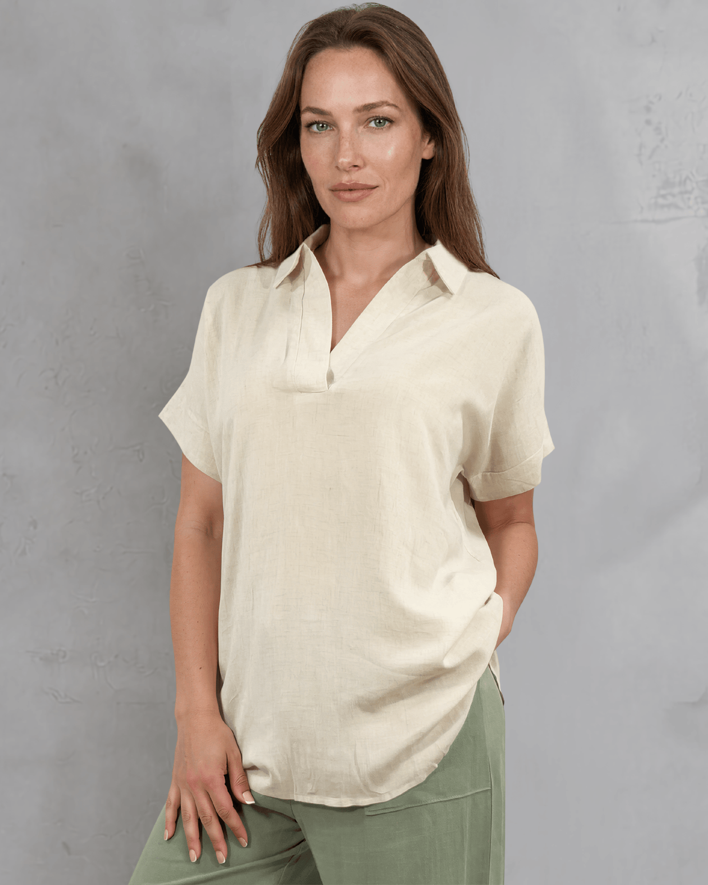 Lilian Linen Blend V Neck Collar Short Sleeve Top