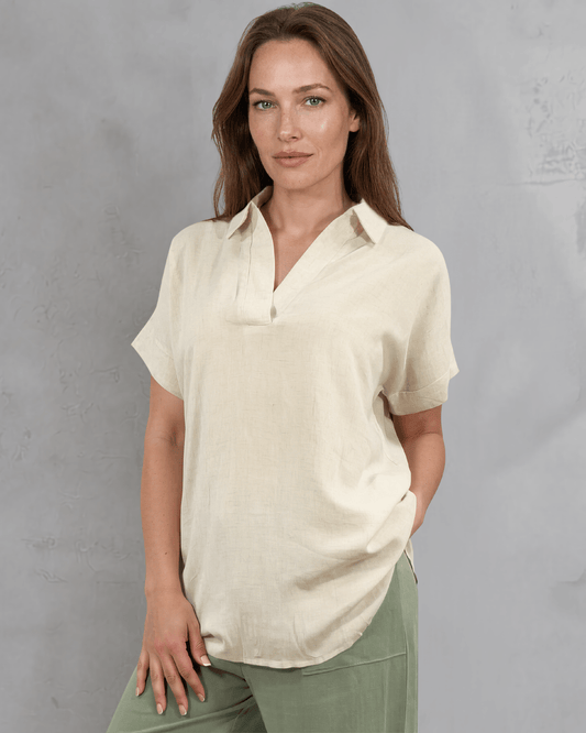 Lilian Linen Blend V Neck Collar Short Sleeve Top