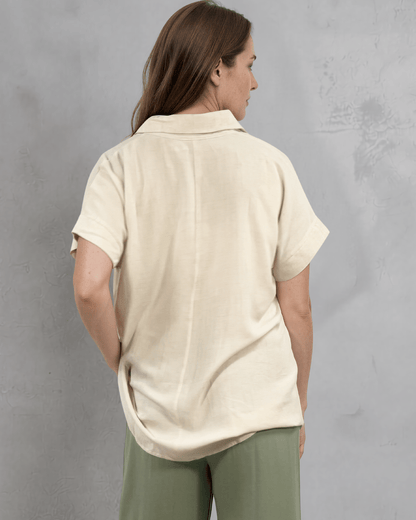 Lilian Linen Blend V Neck Collar Short Sleeve Top