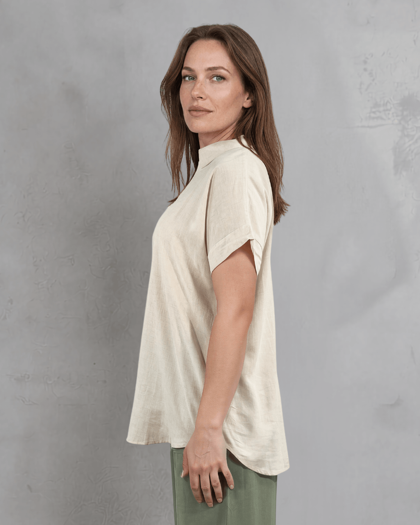 Lilian Linen Blend V Neck Collar Short Sleeve Top