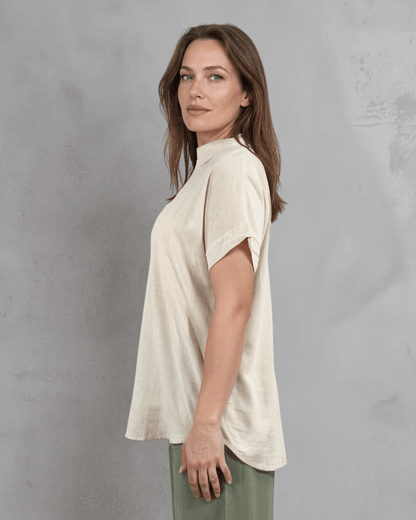 Lilian Linen Blend V Neck Collar Short Sleeve Top