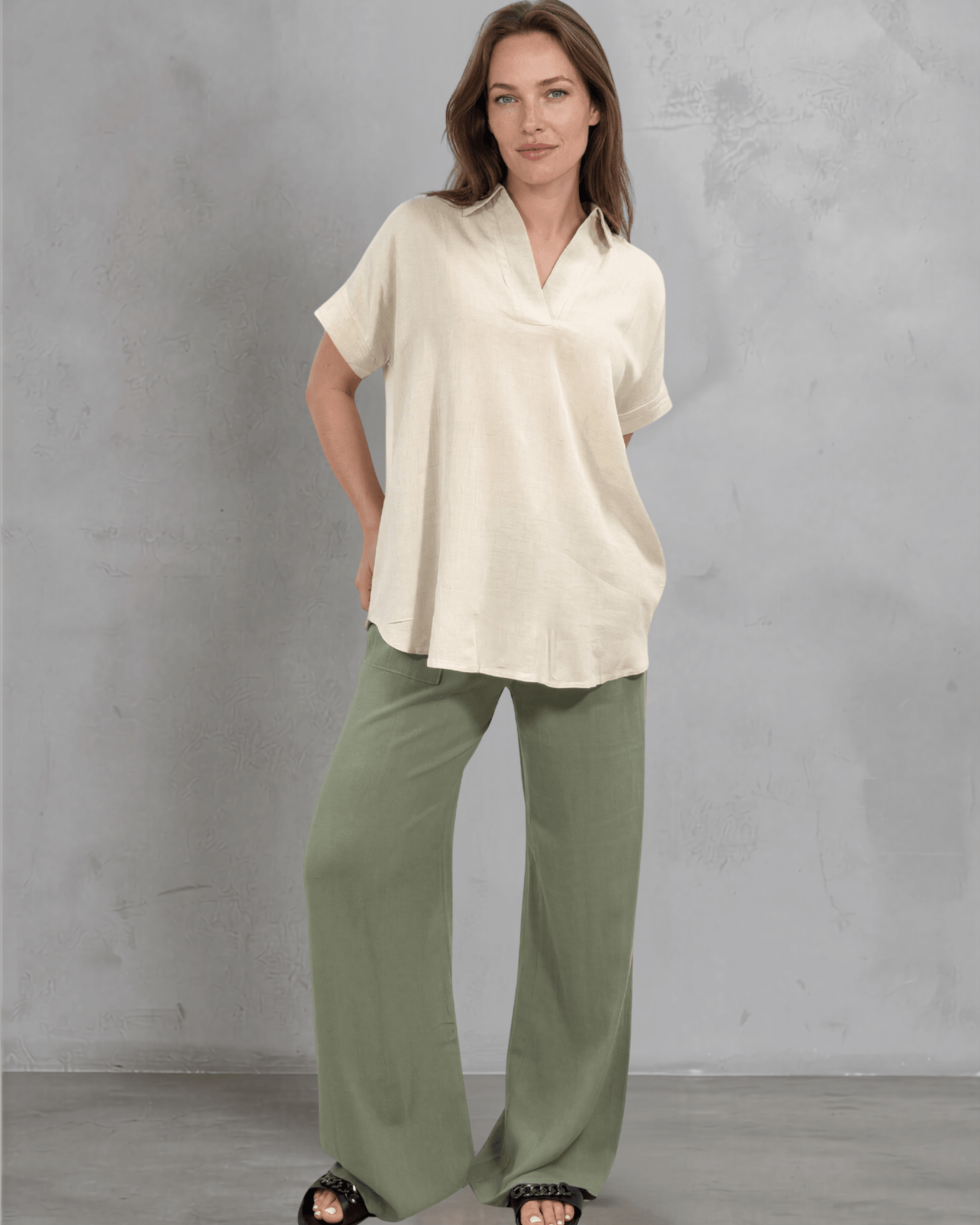 Lilian Linen Blend V Neck Collar Short Sleeve Top