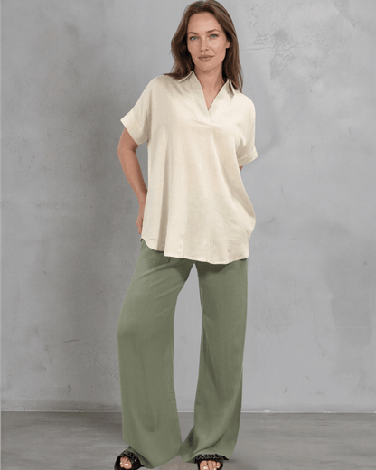 Lilian Linen Blend V Neck Collar Short Sleeve Top