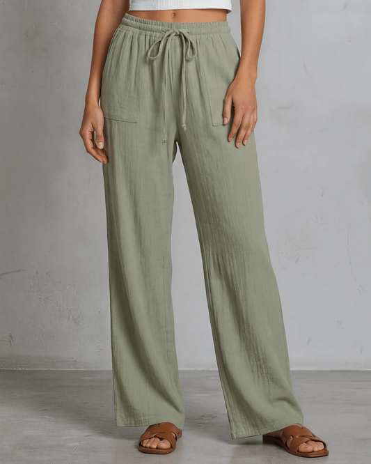 Annie Drawstring Rayon Linen Pants with Pockets - Olive