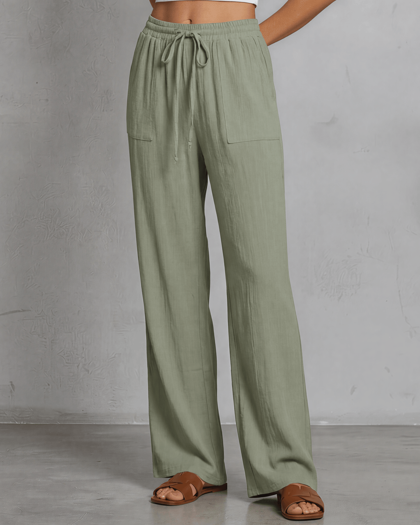 Annie Drawstring Rayon Linen Pants with Pockets - Olive