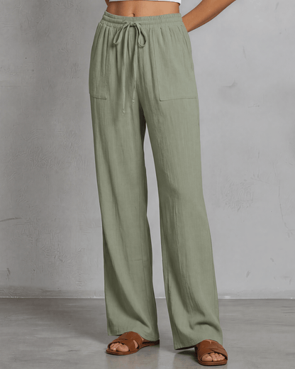 Annie Drawstring Rayon Linen Pants with Pockets - Olive
