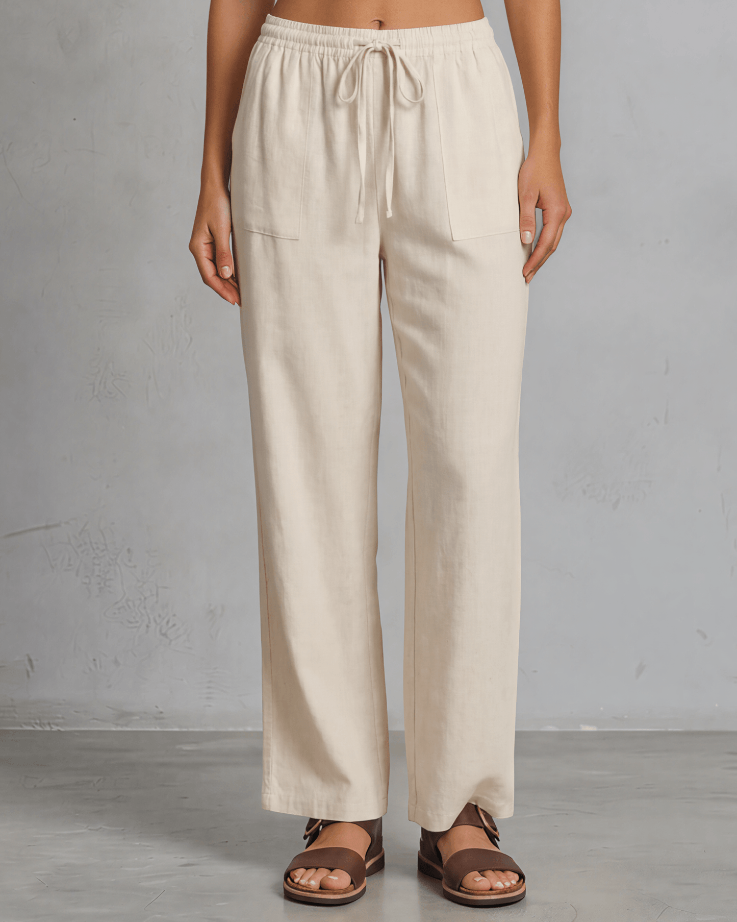 Annie Drawstring Rayon Linen Pants with Pockets - Natural
