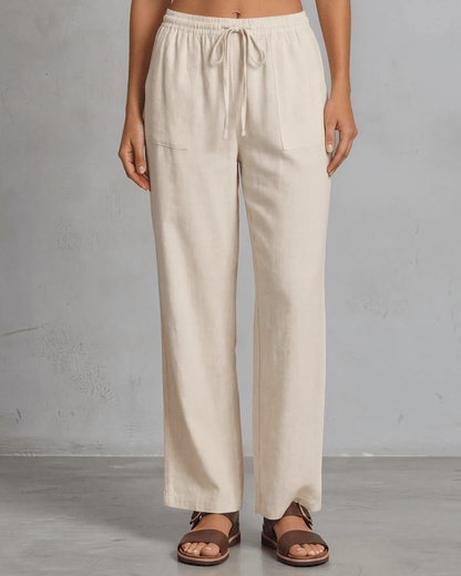 Annie Drawstring Rayon Linen Pants with Pockets - Natural