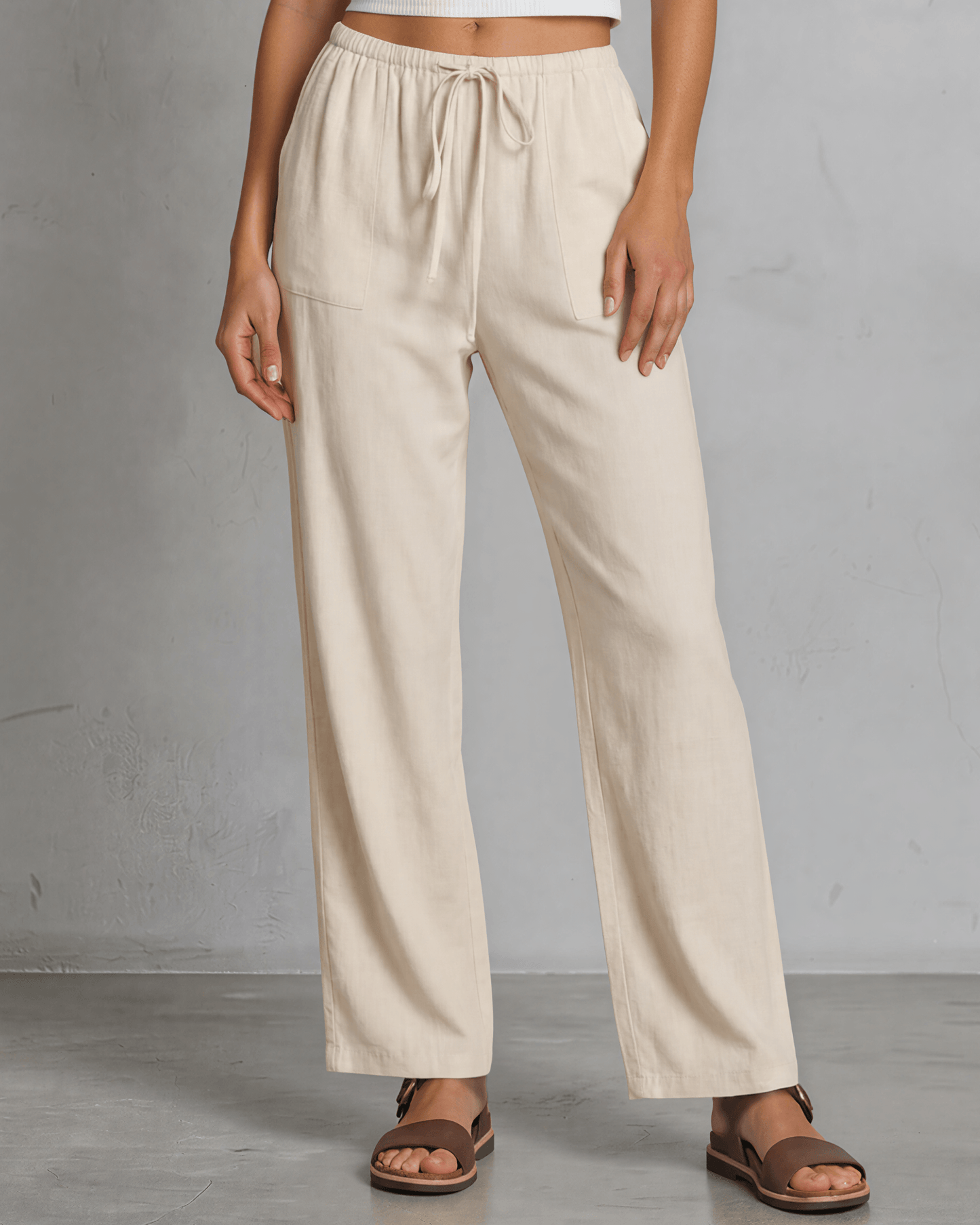 Annie Drawstring Rayon Linen Pants with Pockets - Natural