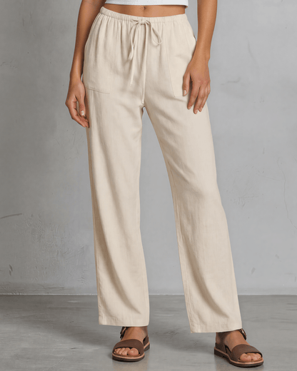 Annie Drawstring Rayon Linen Pants with Pockets - Natural