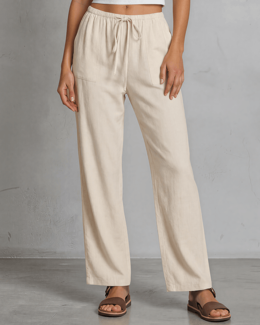Annie Drawstring Rayon Linen Pants with Pockets - Natural