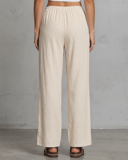 Annie Drawstring Rayon Linen Pants with Pockets - Natural