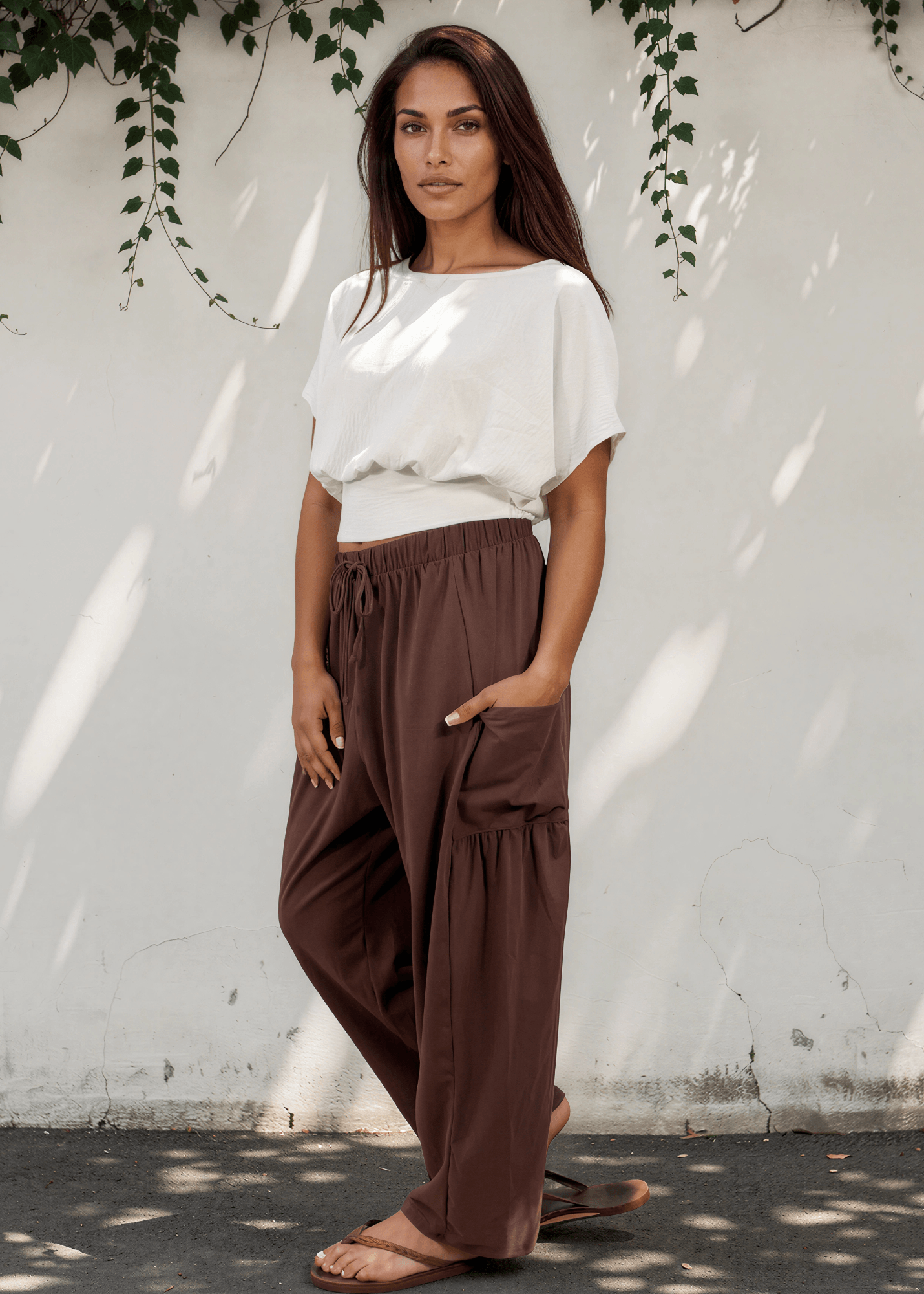 Bailey Baggy Drawstring Pants - Brown