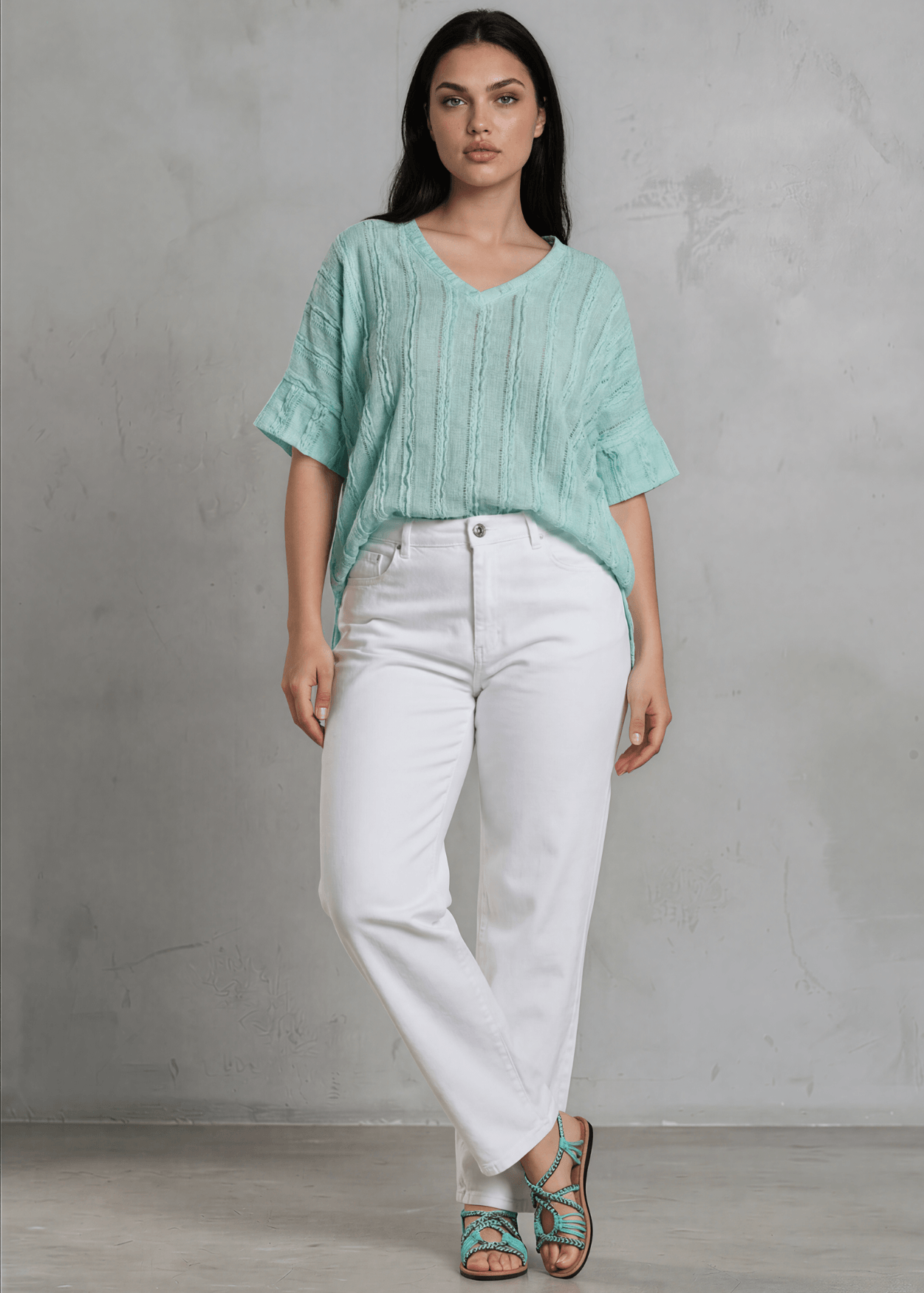 Laurel Textured Top in Plus Size Made in USA - Aqua Blue