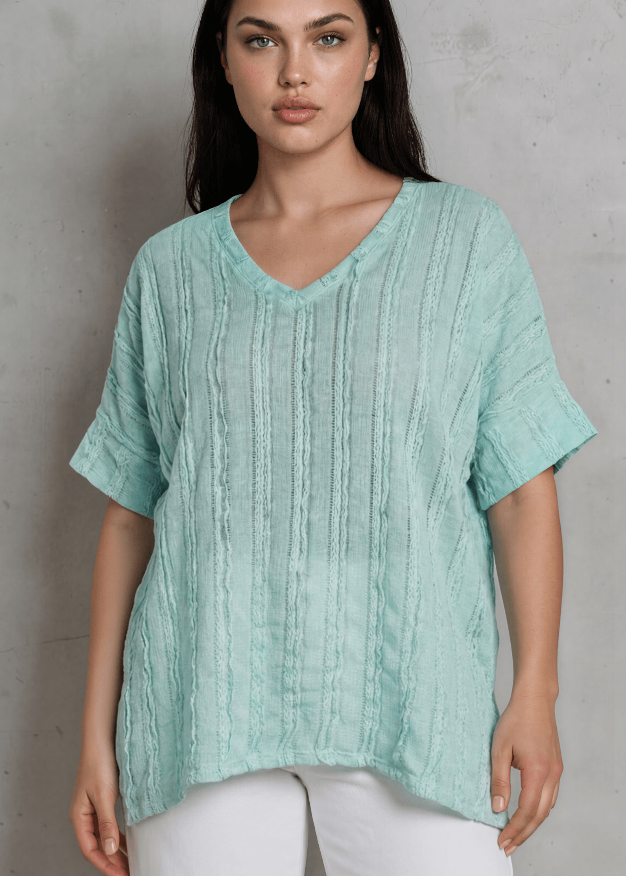 Laurel Textured Top in Plus Size Made in USA - Aqua Blue