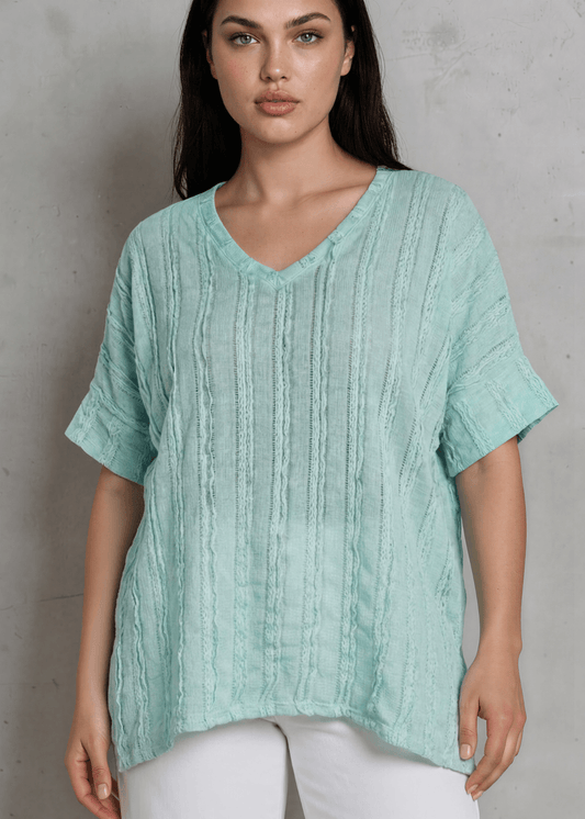 Laurel Textured Top in Plus Size Made in USA - Aqua Blue