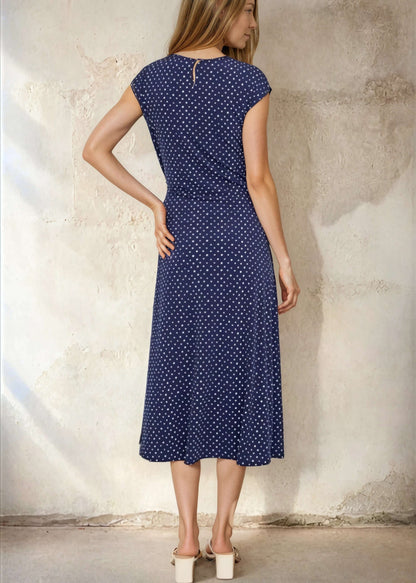 Nostalgia Navy Dot Side Tie Midi Dress