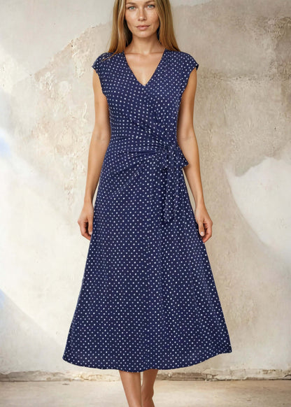 Nostalgia Navy Dot Side Tie Midi Dress