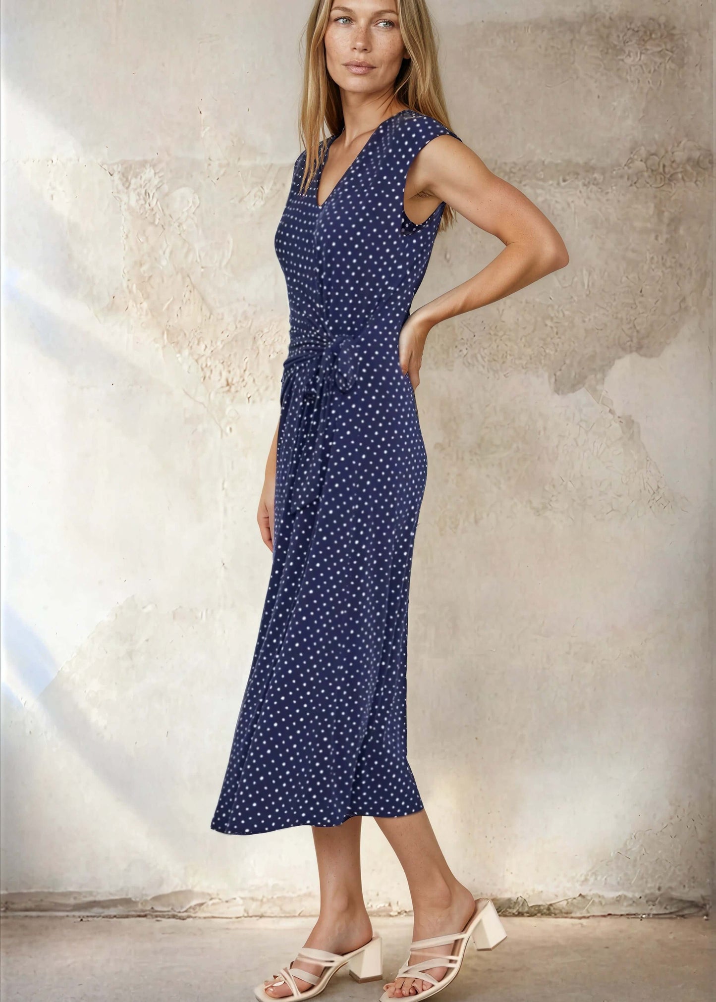 Nostalgia Navy Dot Side Tie Midi Dress