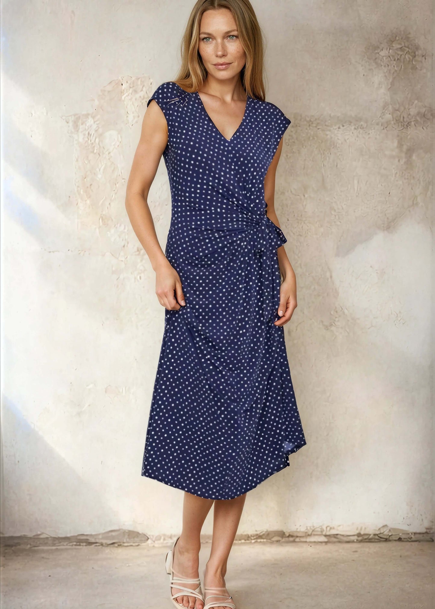 Nostalgia Navy Dot Side Tie Midi Dress
