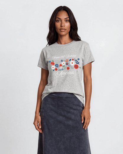 Happy 250th Birthday America Floral Graphic Tee | Women's Heather Gray | Made in USA