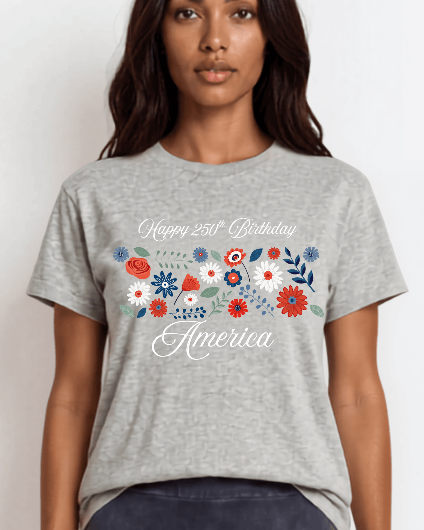 Happy 250th Birthday America Floral Graphic Tee | Women's Heather Gray | Made in USA