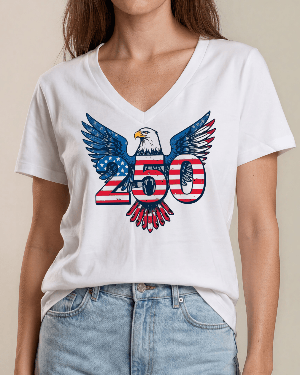 250 Eagle Patriotic Graphic on White Cotton V-Neck Tee