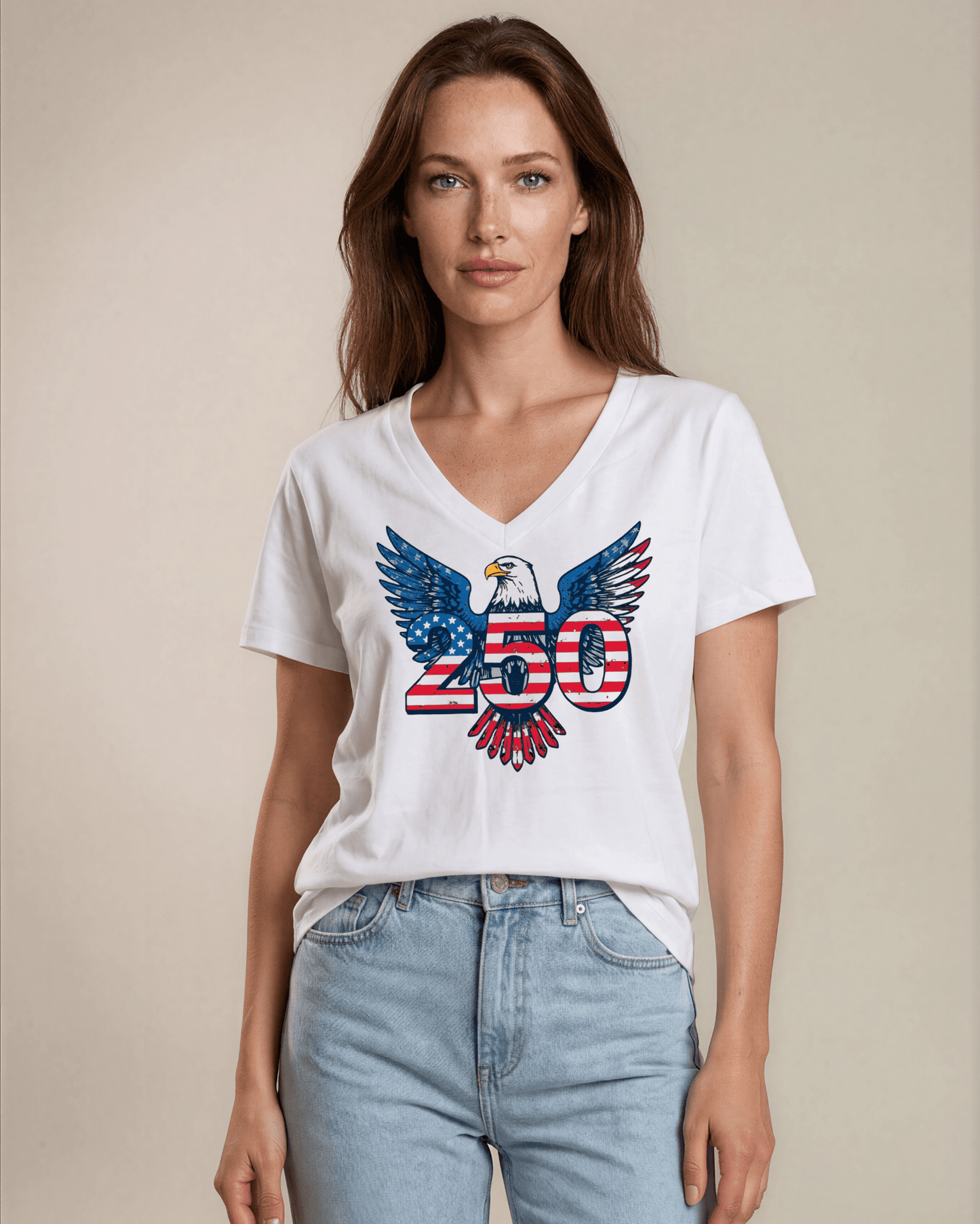 250 Eagle Patriotic Graphic on White Cotton V-Neck Tee