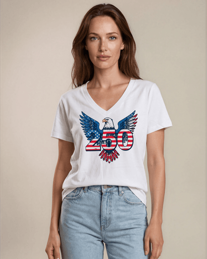 250 Eagle Patriotic Graphic on White Cotton V-Neck Tee